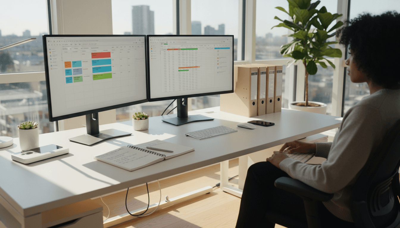 Professional workspace with organized systems and business management tools